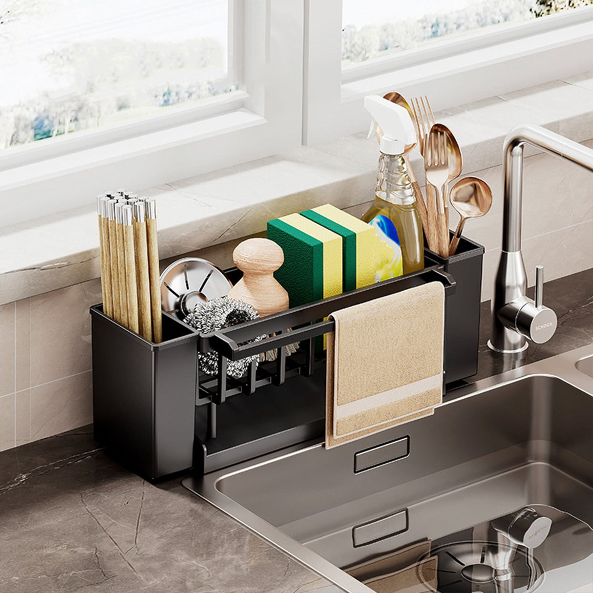 PALIFEUR Sponge Holder for Kitchen Sink, Kitchen Sink Organizer Rustproof 304 Stainless Steel Detachable Dishcloth Rack Sink Caddy, Kitchen Sponge Holder Bathroom Organizer Brush Holder Storage XB_#Black
