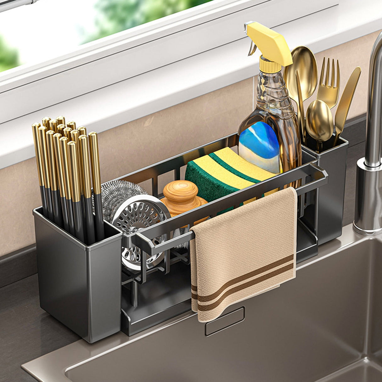 PALIFEUR Sponge Holder for Kitchen Sink, Kitchen Sink Organizer Rustproof 304 Stainless Steel Detachable Dishcloth Rack Sink Caddy, Kitchen Sponge Holder Bathroom Organizer Brush Holder Storage XB_#Gray