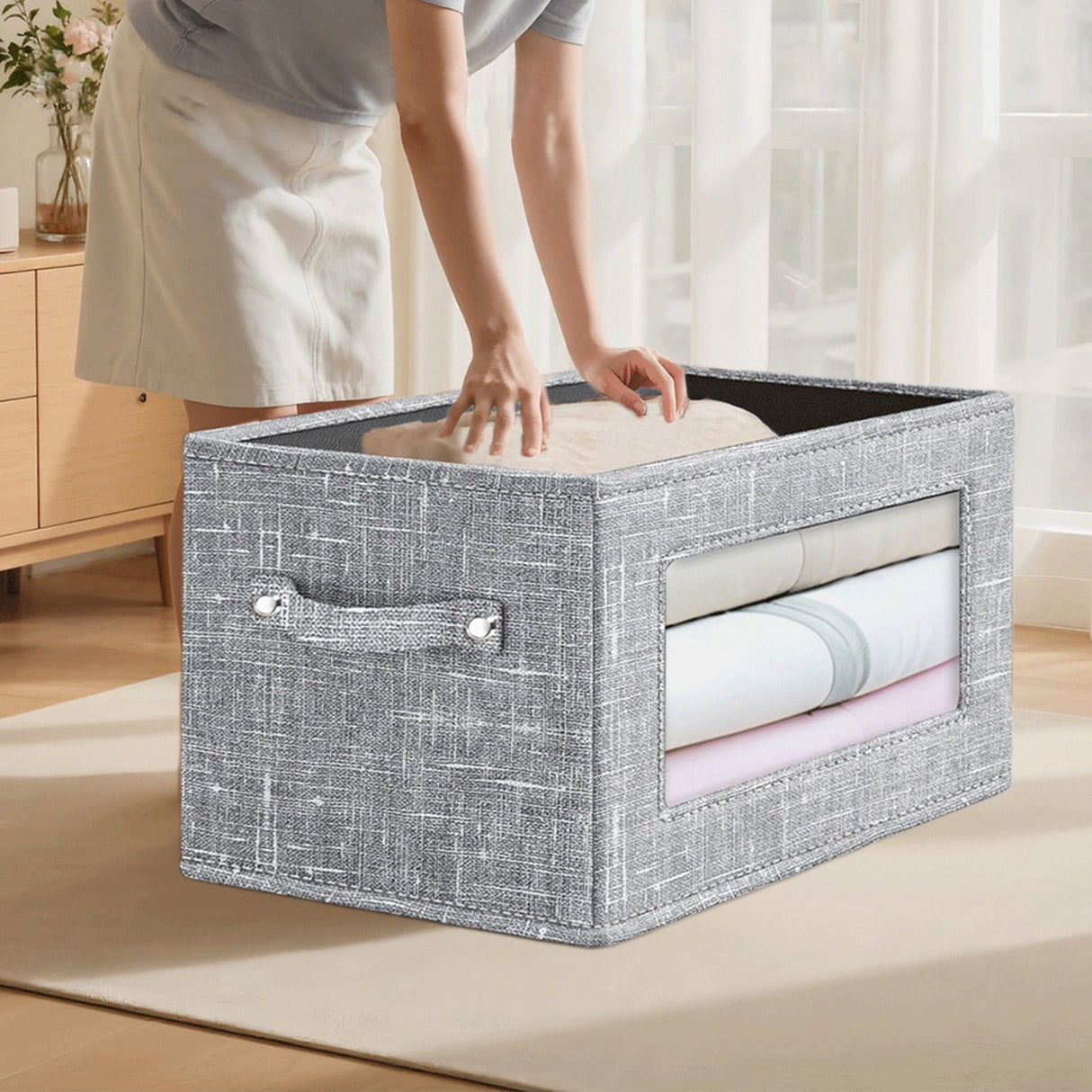 Wzzjkit Clothes Storage Bins, Foldable Storage Bin for Clothes, Clothing Storage Bins with Lid, Linen Storage Box with Clear Window& Zippers& Sturdy Handles L