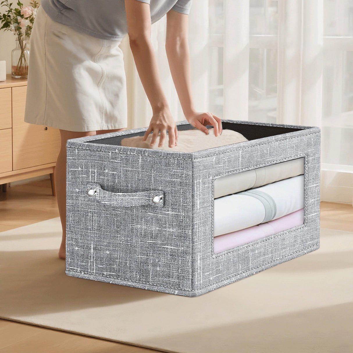 Wzzjkit Clothes Storage Bins, Foldable Storage Bin for Clothes, Clothing Storage Bins with Lid, Linen Storage Box with Clear Window& Zippers& Sturdy Handles M