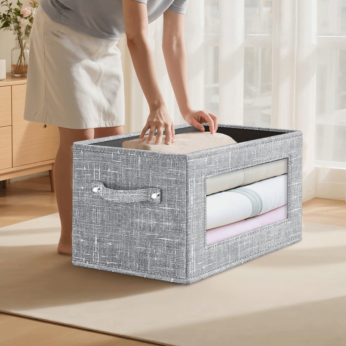 Wzzjkit Clothes Storage Bins, Foldable Storage Bin for Clothes, Clothing Storage Bins with Lid, Linen Storage Box with Clear Window& Zippers& Sturdy Handles S