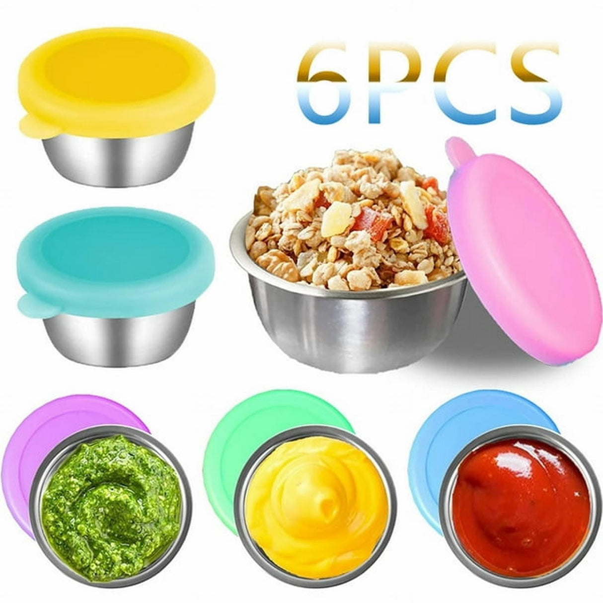 JWDX Food Storage Clearance, 6Set of Covered Container Sealed to Hot Pot Dipping Bowl Small Cup Household Items Reusable Stainless Food Container As shown