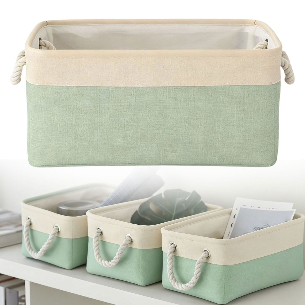 LGCASL Fabric Storage Box, Fabric Storage Box, Storage Basket with Handles and for Clothes Shelves Closet Wardrobe Home Wear and Reinforced, Light Gray S(12.2×5.1×8.2Inch) L16.4×7.8×12.5inch) Light Green