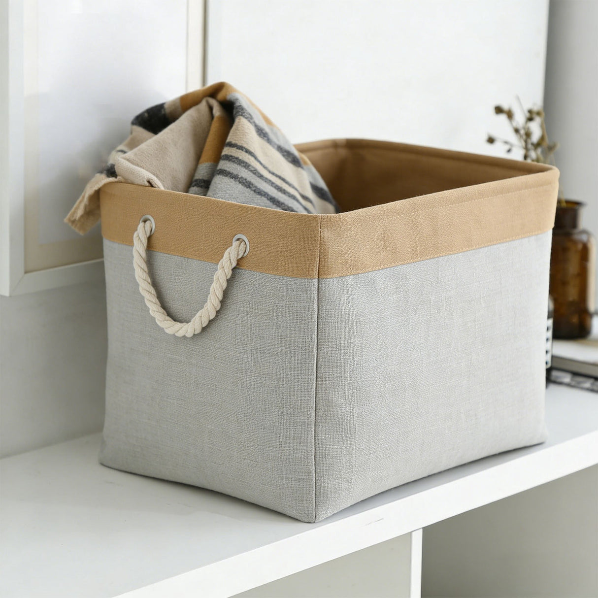 LGCASL Fabric Storage Box, Fabric Storage Box, Storage Basket with Handles and for Clothes Shelves Closet Wardrobe Home Wear and Reinforced, Light Gray S(12.2×5.1×8.2Inch) M(14.1×6.2×10.2inch) Light gray