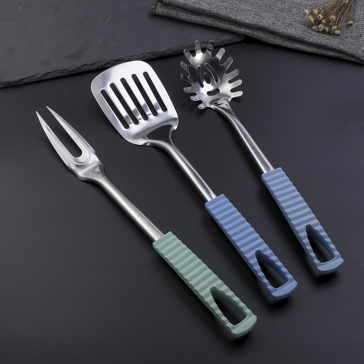 Ortofally Kitchen Utensils Stainless Steel Cooking Tools Heat Resistant Kitchen Gadgets Dishwasher Safe 34.50X3.50X2.00CM Silver