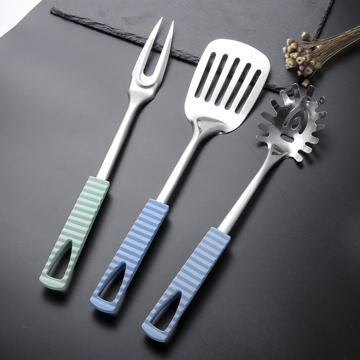 Ortofally Kitchen Utensils Stainless Steel Cooking Tools Heat Resistant Kitchen Gadgets Dishwasher Safe 34.50X3.50X2.00CM Silver