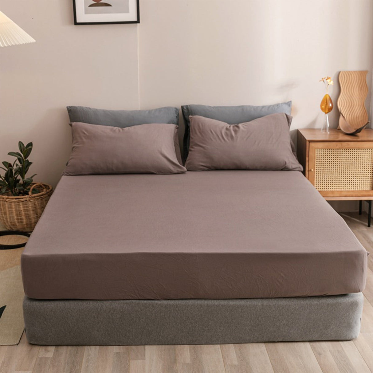 King Size Fitted Sheet, 100% Egyptian Cotton, Deep Pocket Premium Cotton Mattress Sheet,Double Bed Fitted Sheet Piece Non-Slip Fixed Bed Cover All-Inclusive Mattress Protection Bed Cover Beige