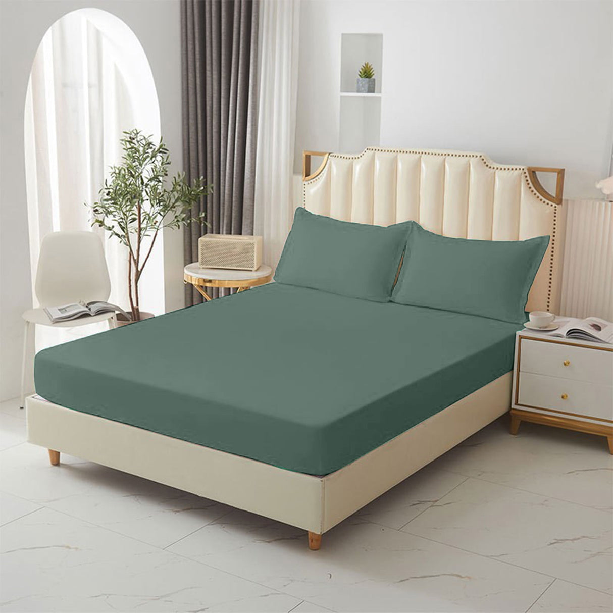 King Size Fitted Sheet, 100% Egyptian Cotton, Deep Pocket Premium Cotton Mattress Sheet,Double Bed Fitted Sheet Piece Non-Slip Fixed Bed Cover All-Inclusive Mattress Protection Bed Cover Green