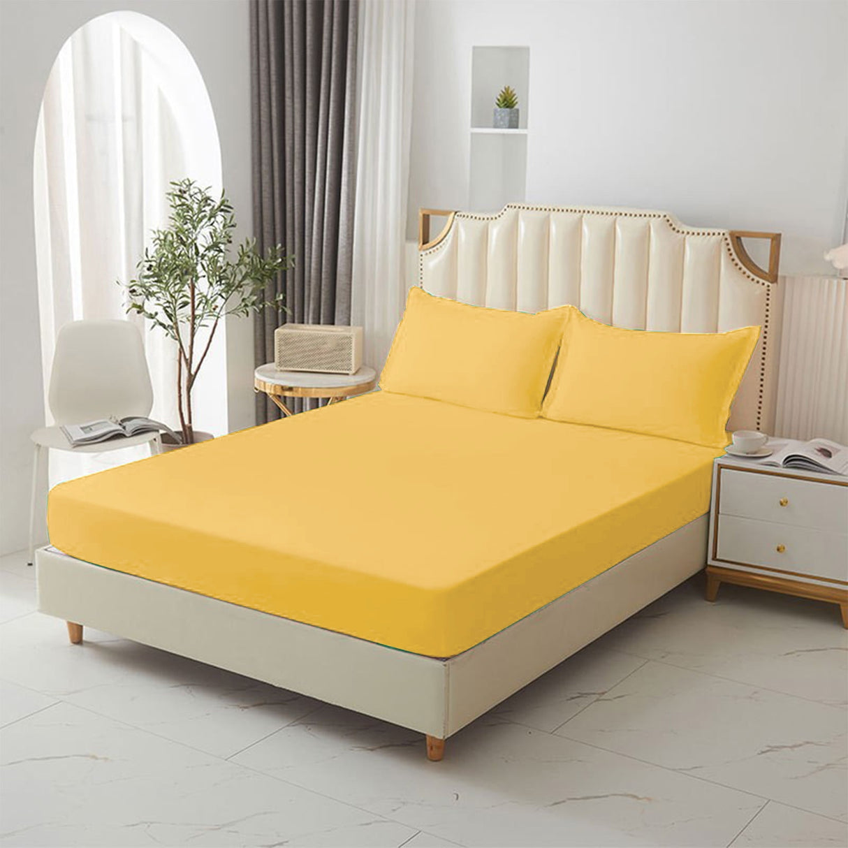King Size Fitted Sheet, 100% Egyptian Cotton, Deep Pocket Premium Cotton Mattress Sheet,Double Bed Fitted Sheet Piece Non-Slip Fixed Bed Cover All-Inclusive Mattress Protection Bed Cover Yellow
