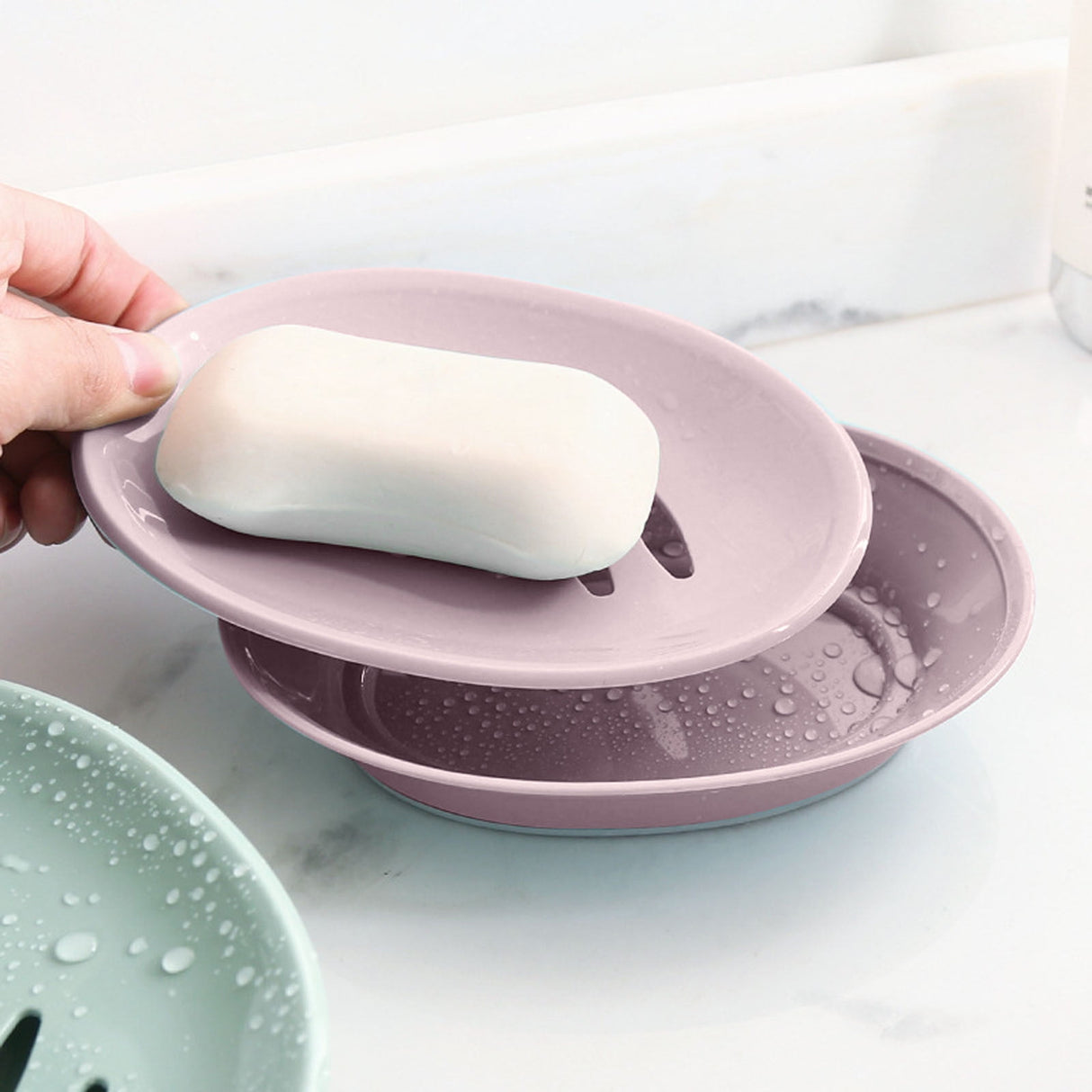 Oval Plastic Soap Dish - Double Compartment Drain Tray| Bathroom & Kitchen Soap Holder for Face & Body Soap | Oval Shaped Soap Dish for Countertop & Shower Use(Pink) Pink