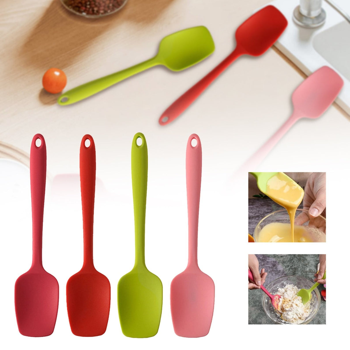 Heat Resistant Silicone Spoon Spatula, 600°F High Temp Flexible Cooking Spoons Kitchen Rubber Spoonula Scratch-Proof for Mixing Stirring Scraping Serving Non-Stick Cookware (4 Pcs) 1.77x8.26 1.77" x 8.26" Multicolor