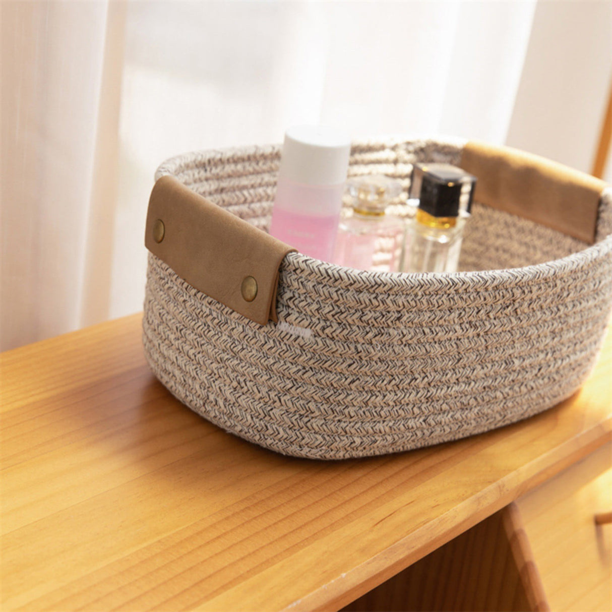 Cotton Woven Basket with PU Leather Handle, Clothes Toys Candy Gifts Cotton Rope Organizer, Living Room Basket Bathroom Shower Storage Laundry Basket, Dog Cat Bed, Fall Basket, 11.02x8.66x4.33 11.02" x 8.66" x 4.33" Coffee