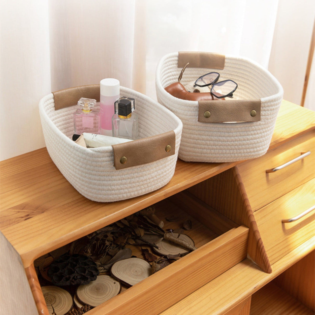 Cotton Woven Basket with PU Leather Handle, Clothes Toys Candy Gifts Cotton Rope Organizer, Living Room Basket Bathroom Shower Storage Laundry Basket, Dog Cat Bed, Fall Basket, 11.02x8.66x4.33 12.59" x 9.44" x 5.11" Coffee