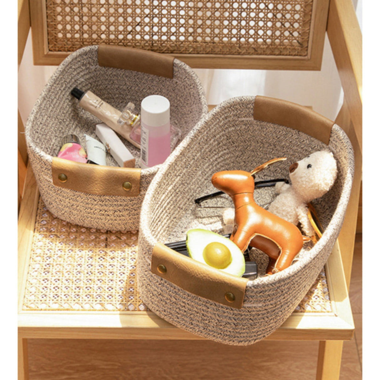 Cotton Woven Basket with PU Leather Handle, Clothes Toys Candy Gifts Cotton Rope Organizer, Living Room Basket Bathroom Shower Storage Laundry Basket, Dog Cat Bed, Fall Basket, 11.02x8.66x4.33 12.59" x 9.44" x 5.11" Coffee
