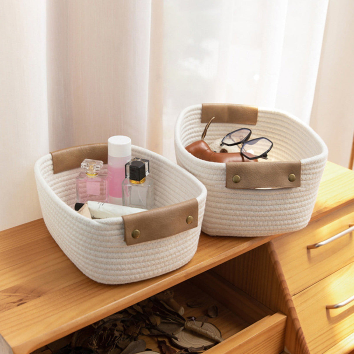 Cotton Woven Basket with PU Leather Handle, Clothes Toys Candy Gifts Cotton Rope Organizer, Living Room Basket Bathroom Shower Storage Laundry Basket, Dog Cat Bed, Fall Basket, 11.02x8.66x4.33 12.59" x 9.44" x 5.11" Coffee