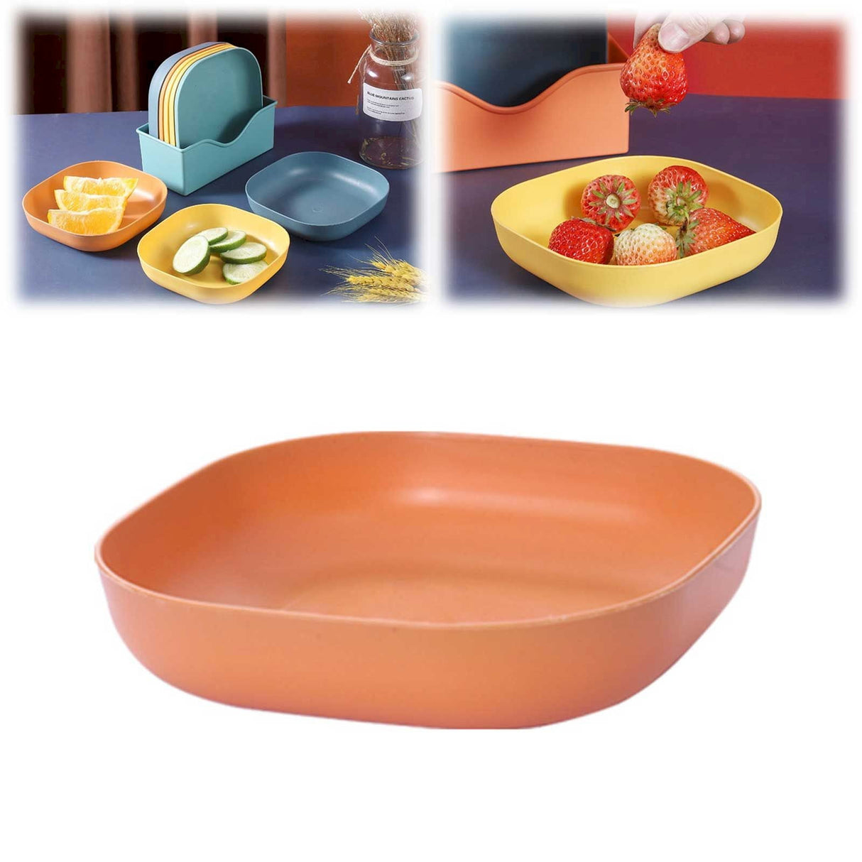 Plastic Pasta Bowls Reusable,Square Plate Bowls,Plastic Small Bowls For Kitchen,Pasta Serving Bowl,Kitchen Wheat Straw Serving Unbreakable Wide Shallow Dinner Plate Bowls For Salad, Cereal,Soup 5.5" x 5.5" x 1.1" Orange
