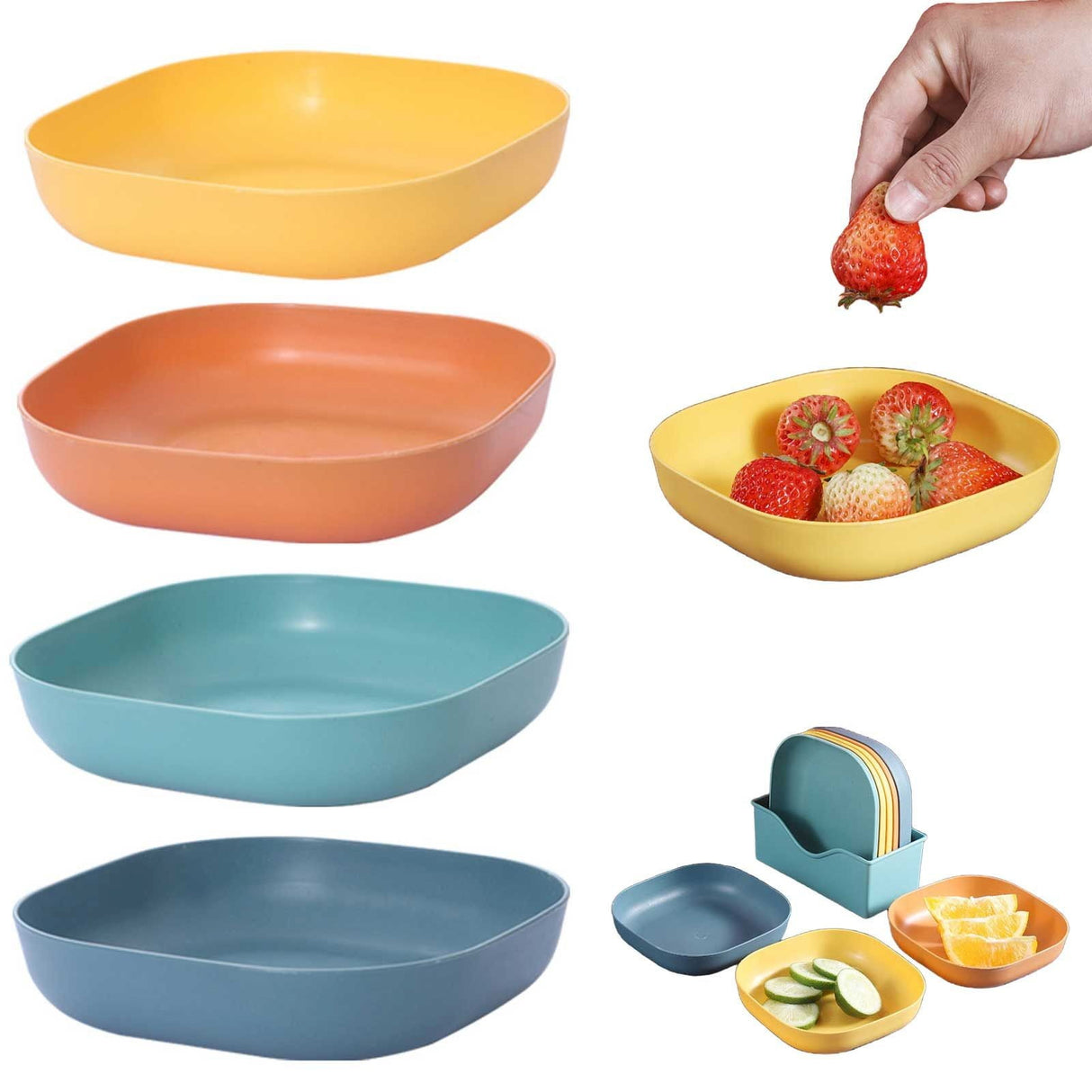 Plastic Pasta Bowls Reusable,Square Plate Bowls,Plastic Small Bowls For Kitchen,Pasta Serving Bowl,Kitchen Wheat Straw Serving Unbreakable Wide Shallow Dinner Plate Bowls For Salad, Cereal,Soup 5.5" x 5.5" x 1.1" Orange
