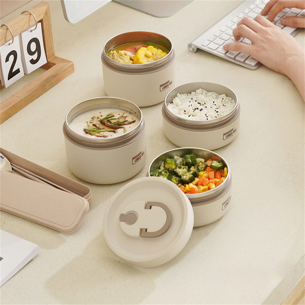 Insulated Lunch Box,Thermo Food Jar for Hot Food,Lunch Containers Wide Mouth Vacuum Insulated Stainless Steel Leakproof Lunch Box,Portable Stainless Steel Food Container,Thermal Food Container,Brown 420ML+620ML Beige
