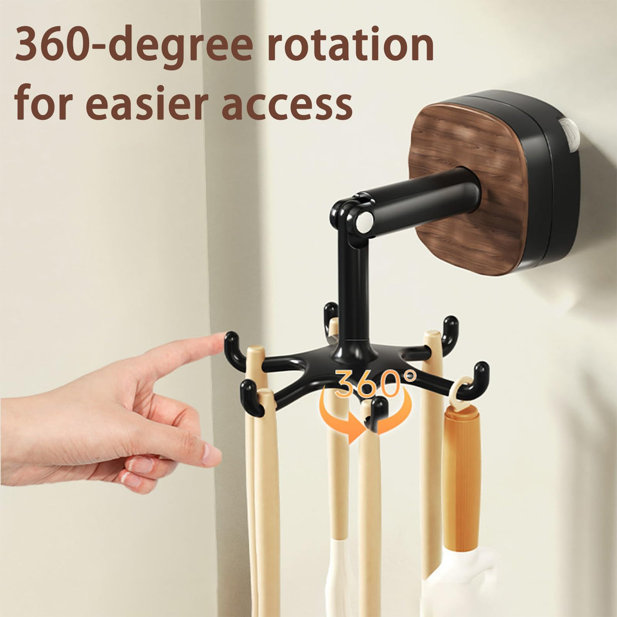 Rotating Kitchen Rack - Utensil Holder - Self-Adhesive Wall Hook - Kitchen Organizer - Rotating Hooks - Adhesive Hook No Drilling - Spatula Rack - Towel Hook - Mug Holder - Kitchen Cabinet Hanging System - Bathroom Hook - Black - 1 Piece