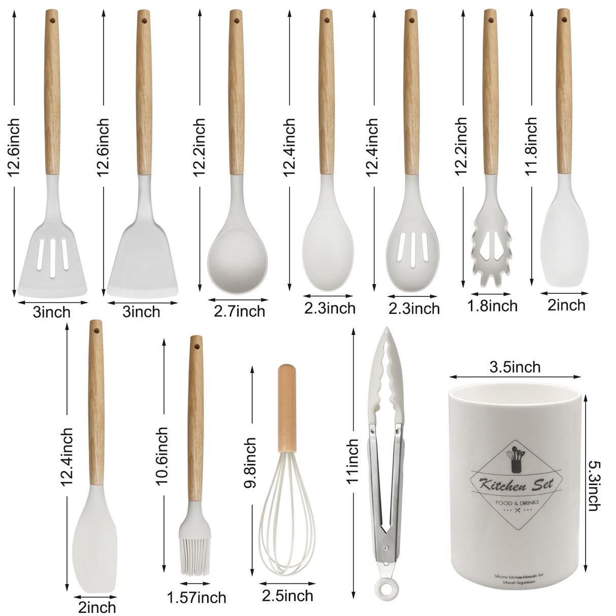 Kitchen Utensil Set - Silicone Spatula Set - Cooking Utensils with Holder - Wooden Spoons - Non-Stick - Pan Scrapers - Heat Resistant - Whisk - Serving Tongs - Baking Utensils - Kitchen Starter Kit - Scratch-Free - White - 12 Pieces