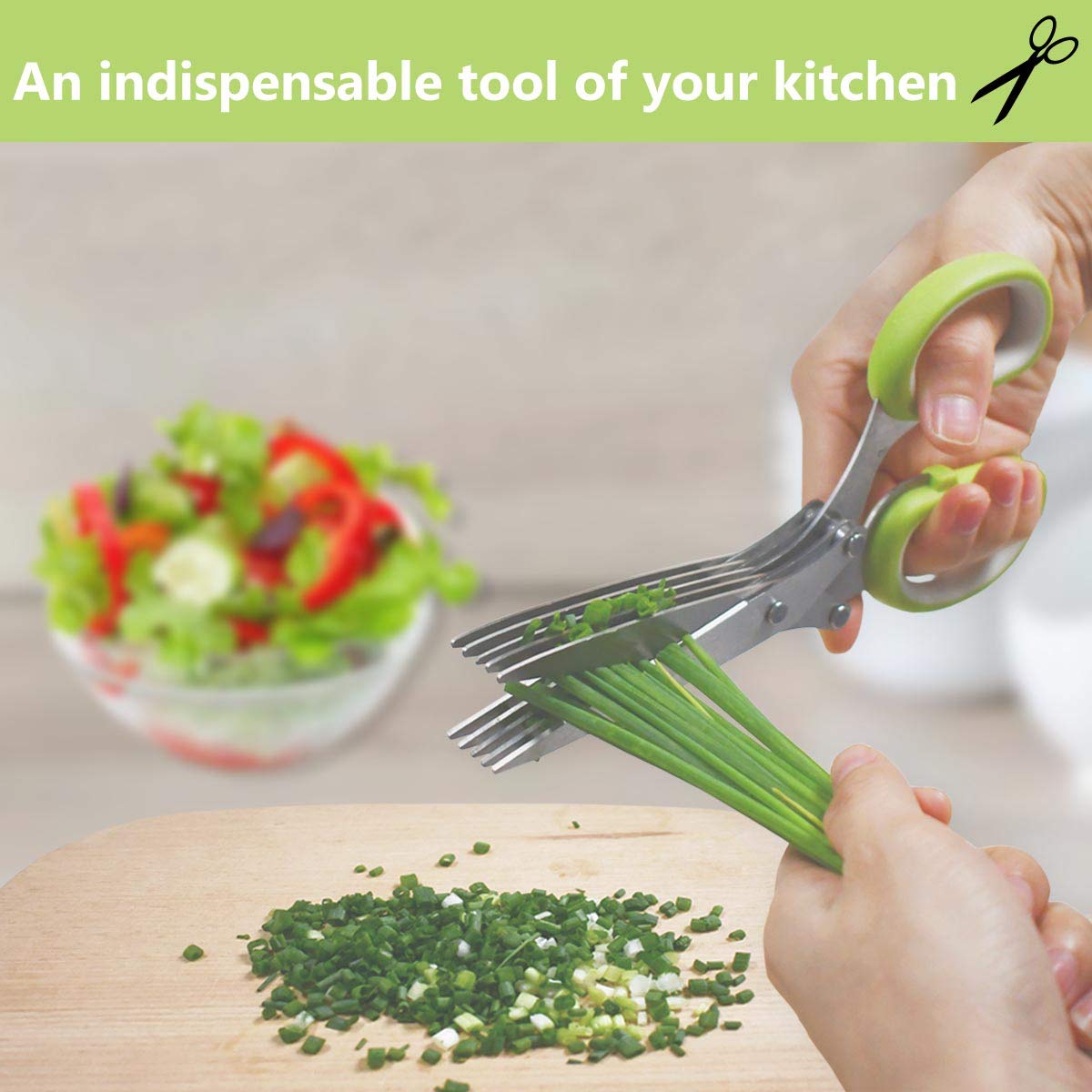 Herb Scissors Stainless Steel - Kitchen Scissors with 5 Blades - Vegetable Scissors - Chive Scissors - Herb Cutter - Kitchen Gadget - With Cleaning Comb and Protective Cover - Shredder - Kitchen Utensils - Parsley Cutter - Dishwasher Safe - Green - 1 Piec