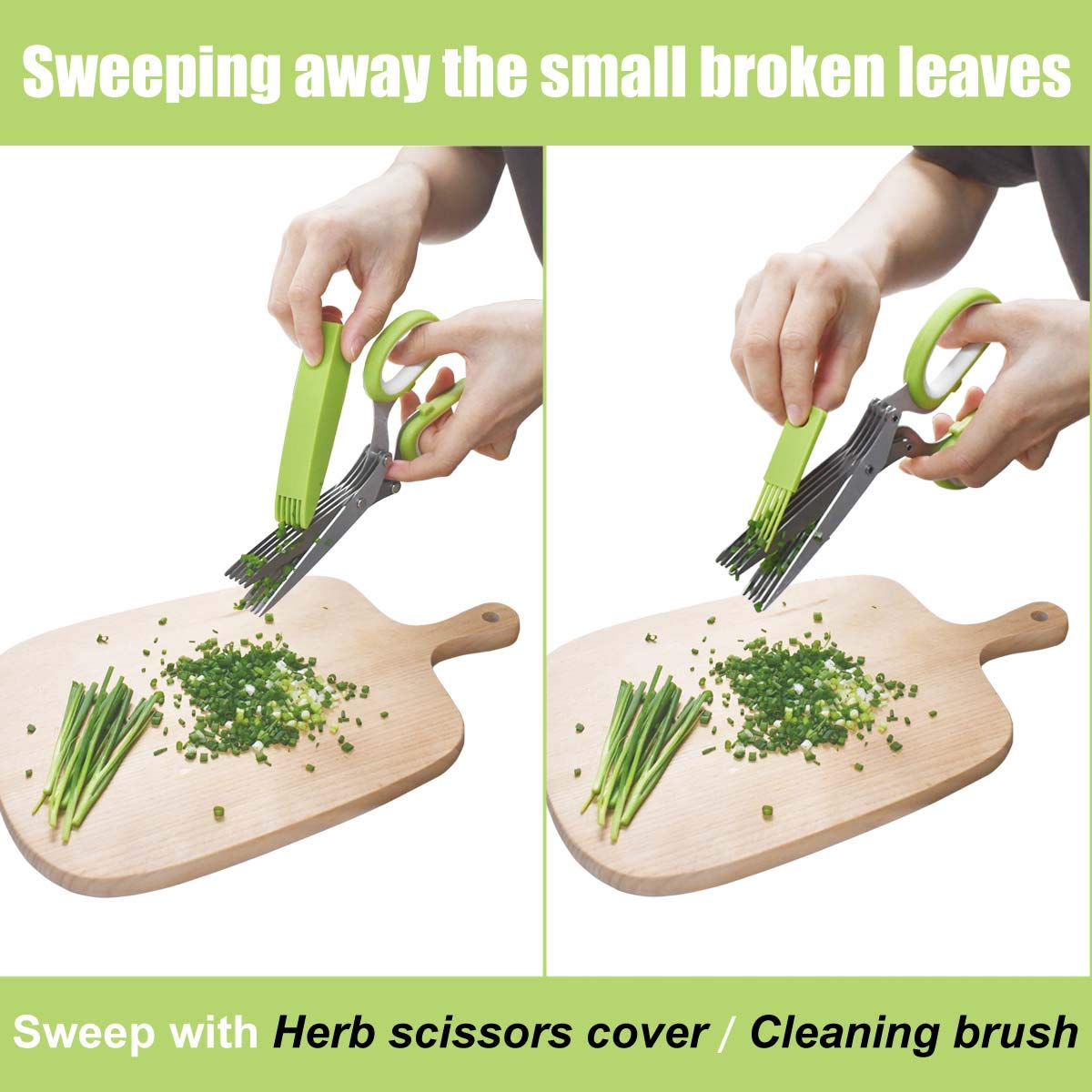 Herb Scissors Stainless Steel - Kitchen Scissors with 5 Blades - Vegetable Scissors - Chive Scissors - Herb Cutter - Kitchen Gadget - With Cleaning Comb and Protective Cover - Shredder - Kitchen Utensils - Parsley Cutter - Dishwasher Safe - Green - 1 Piec