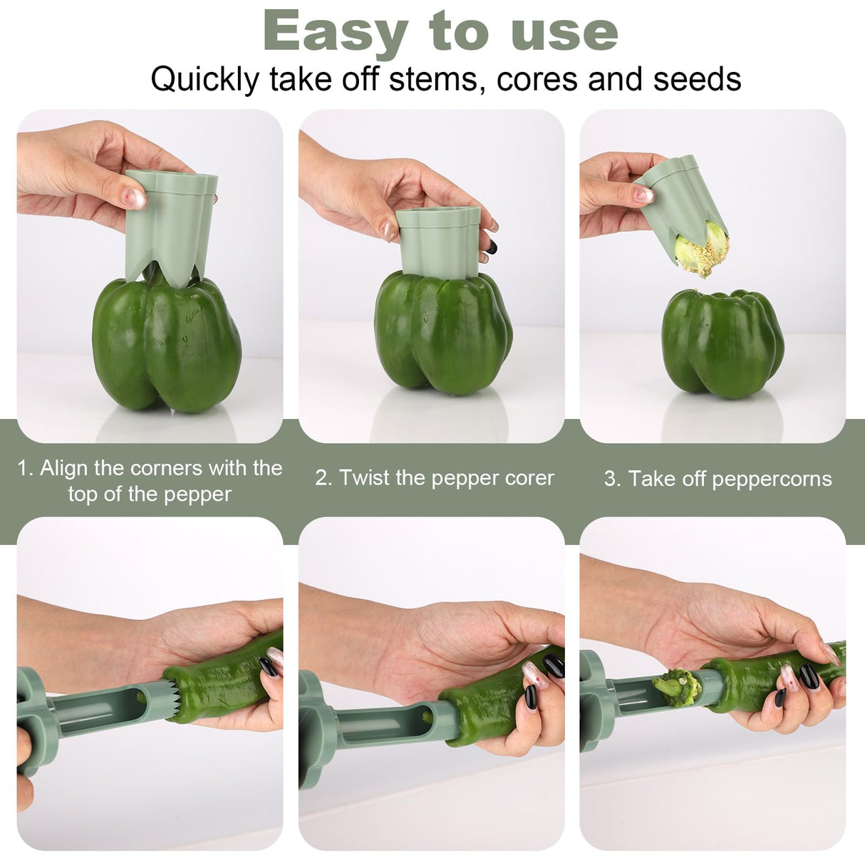 Bell Pepper Pitter - Jalapeño Pepper Drill - Chili Pepper Core Remover - Universal Vegetable Cutter - Kitchen Utensils - Bell Pepper Drill - Seed Remover - Handy Kitchen Aid - Fruit and Vegetable Tool - Kitchen Accessories - Green - 2 Pieces