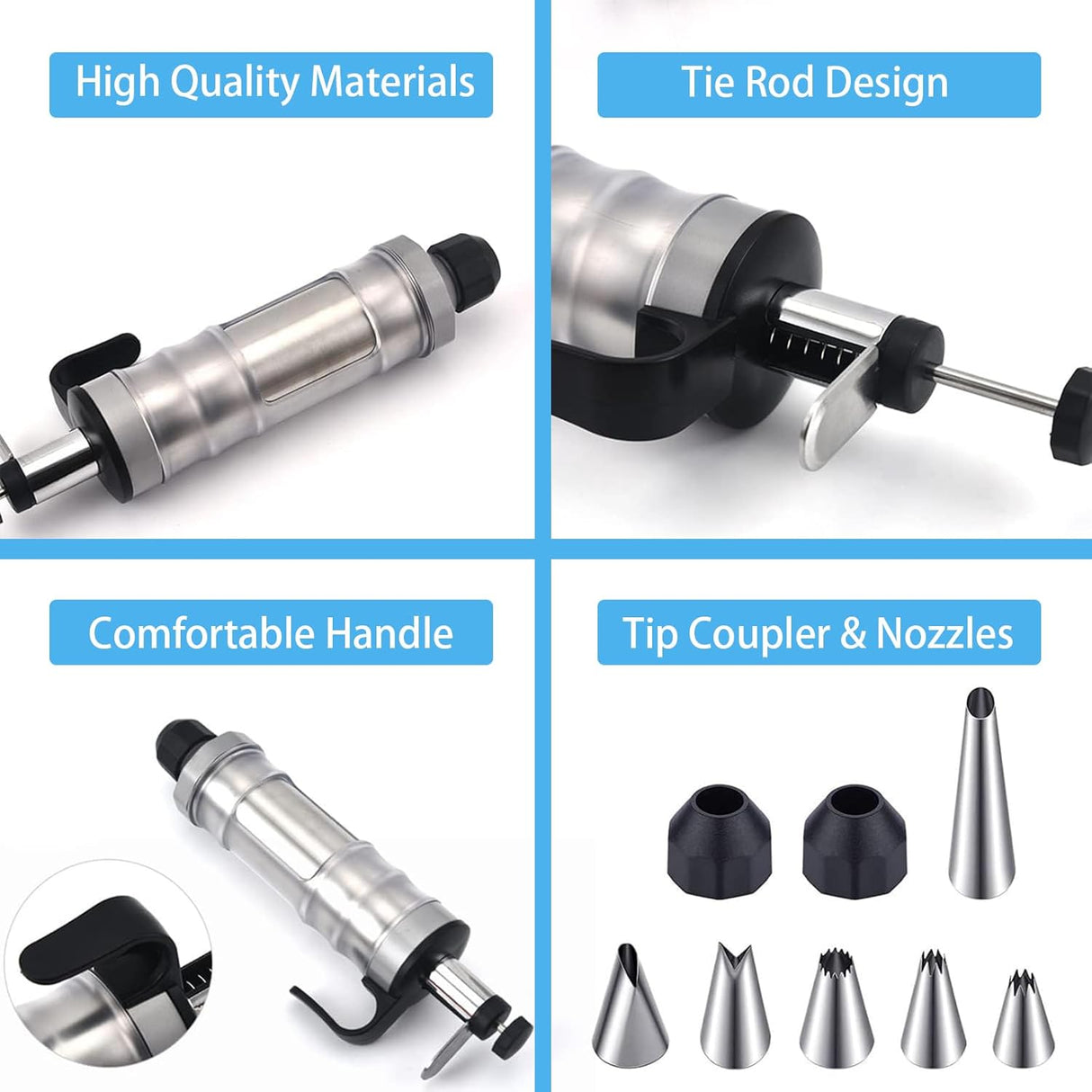 Whipped Cream Maker - Garnishing Syringe - Nozzle Set - Cake Decorating - Stainless Steel Nozzles - Cookie Press - Cupcake Decorating - Baking Tools - Professional Piping Bag Alternative - Kitchen Utensils - Baking Supplies - Silver - 1 Piece