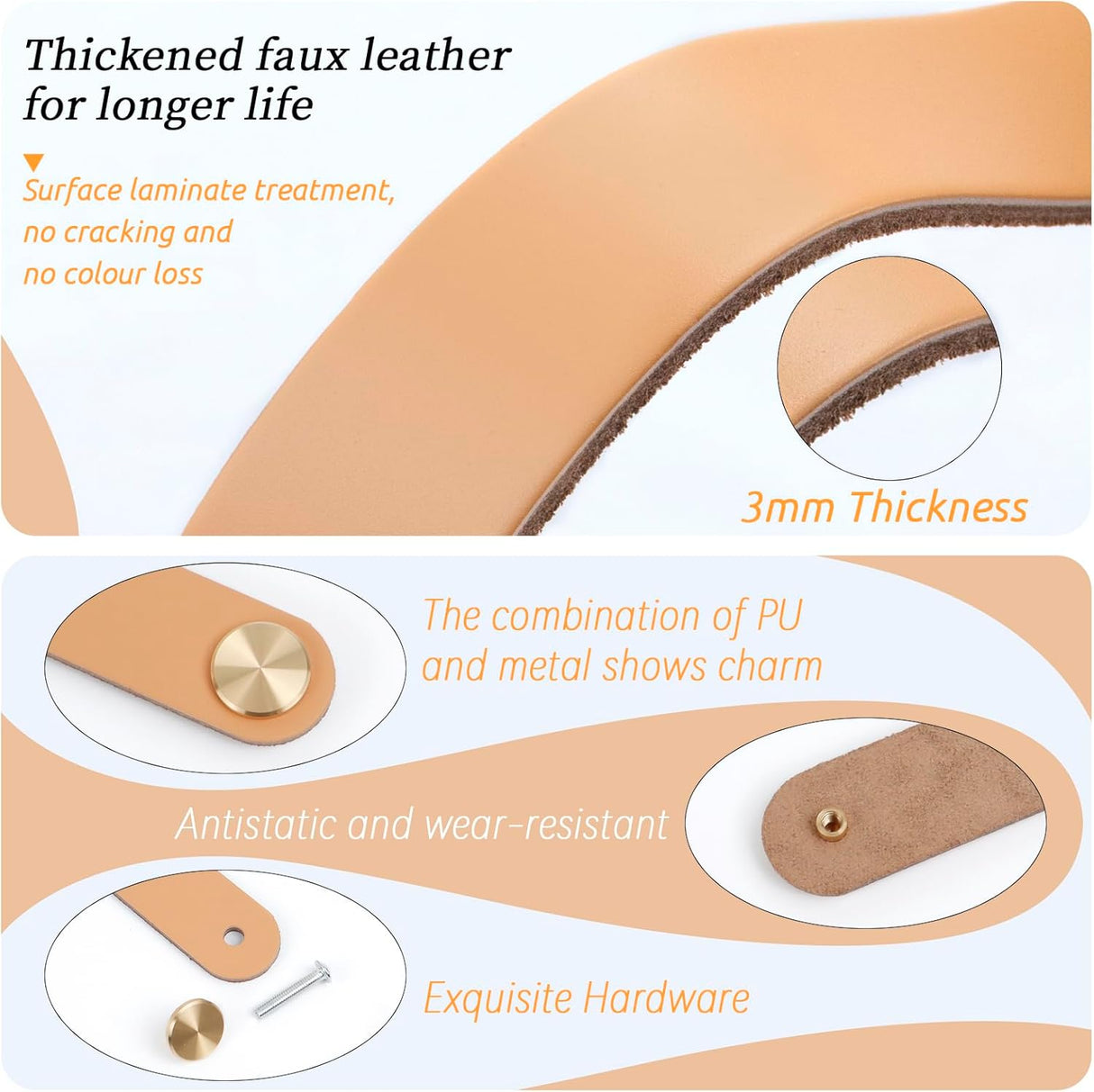 Leather Handles - Furniture Handles - Kitchen Handles - Door Handles - Cabinet Handles - Drawer Knobs - Furniture Hardware - Kitchen Hardware - Handles - Leather - Leather - Kitchen Renovation - Industrial - Brass - Pitch 128mm - Handles - Caramel - Set o