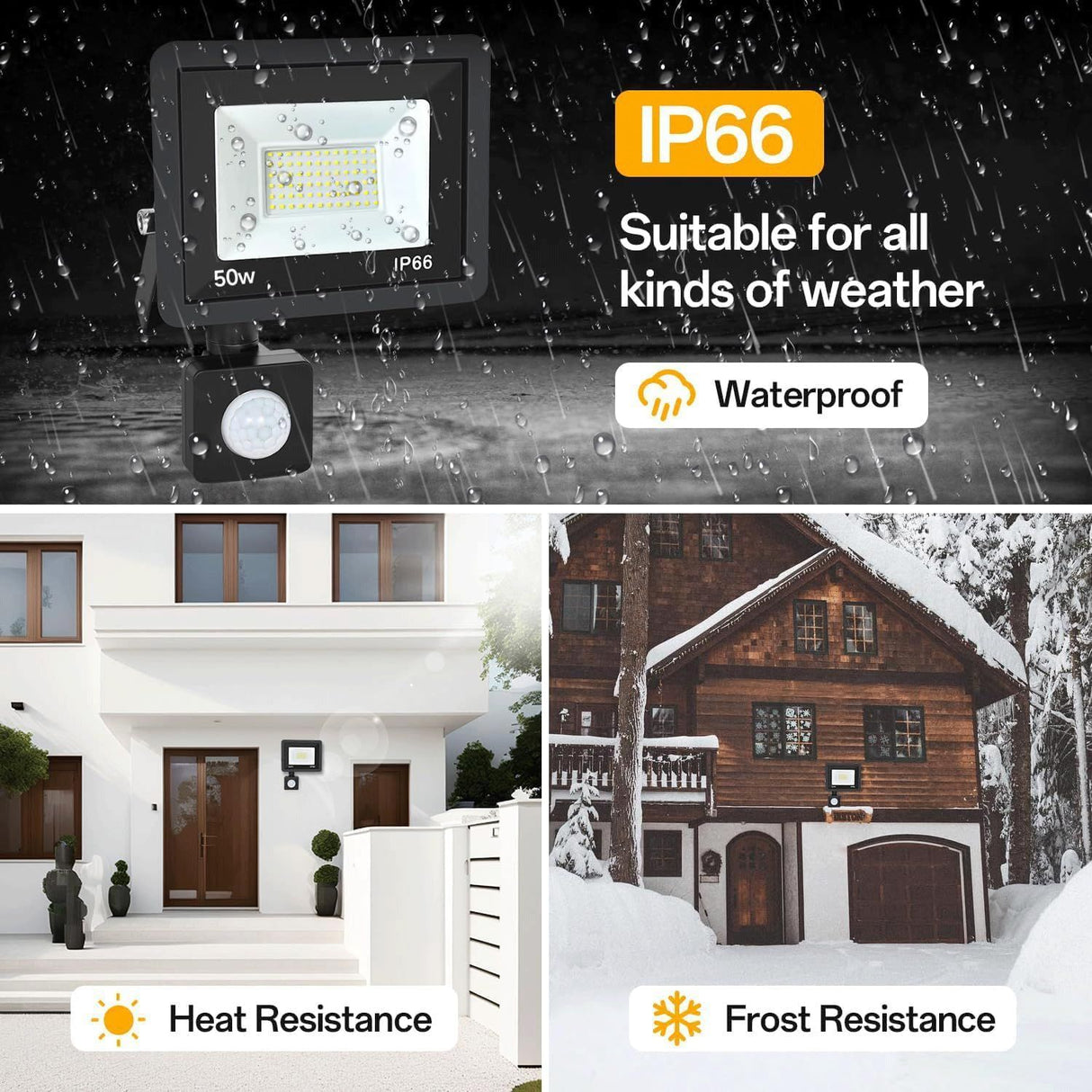 50W LED Floodlight with Motion Sensor IP66 Waterproof 5000LM 6500K Cool White