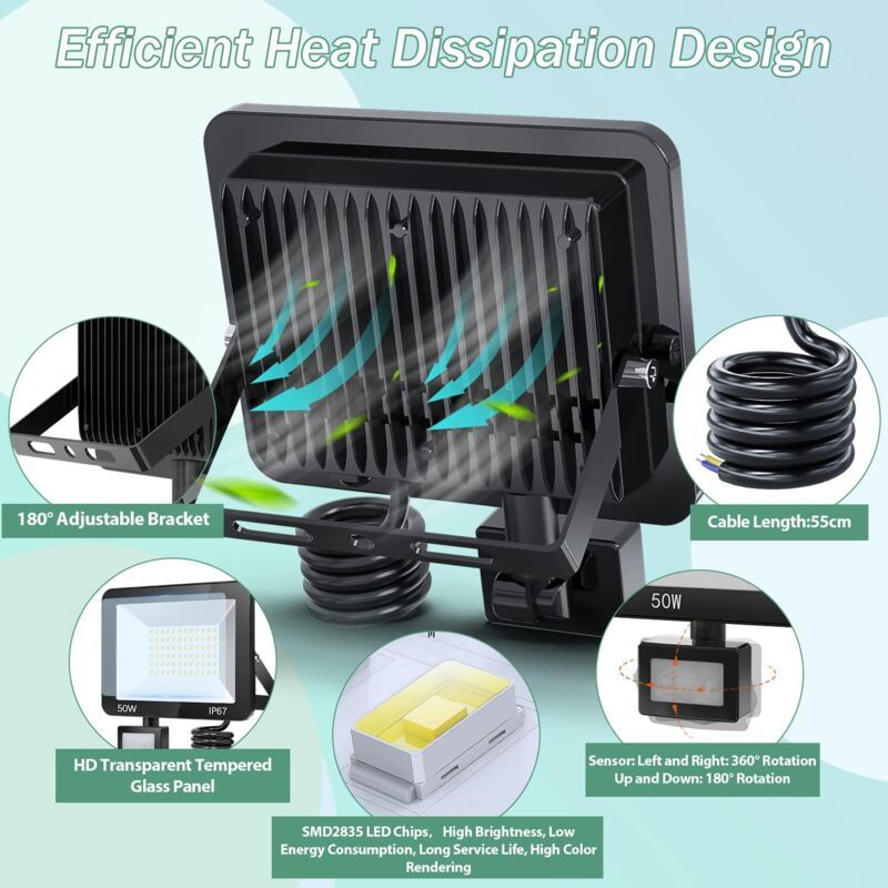 50W LED Floodlight with Motion Sensor IP67 Waterproof 5000LM 7000K Cool White