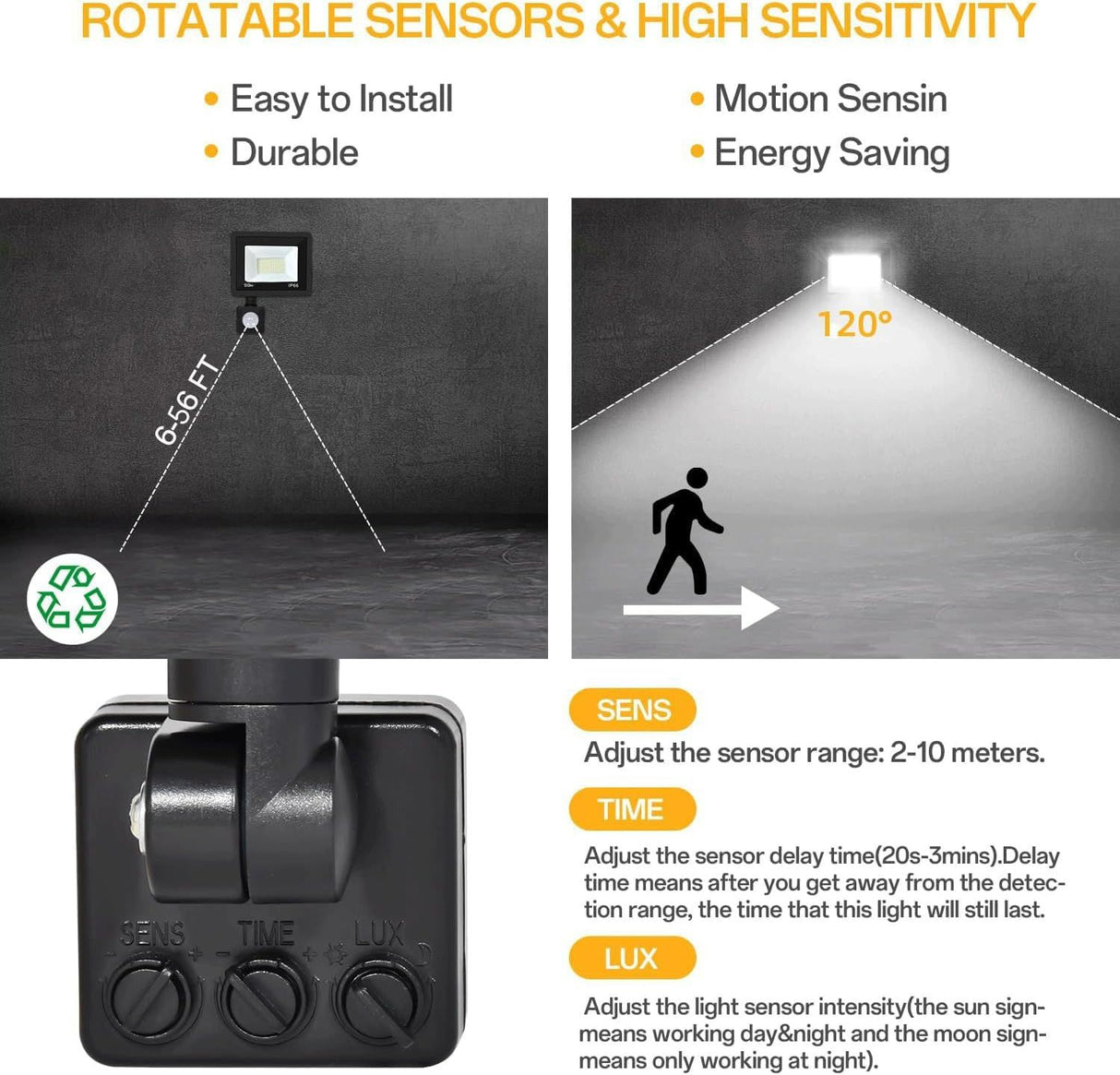 50W LED Floodlight with Motion Sensor IP66 Waterproof 5000LM 6500K Cool White
