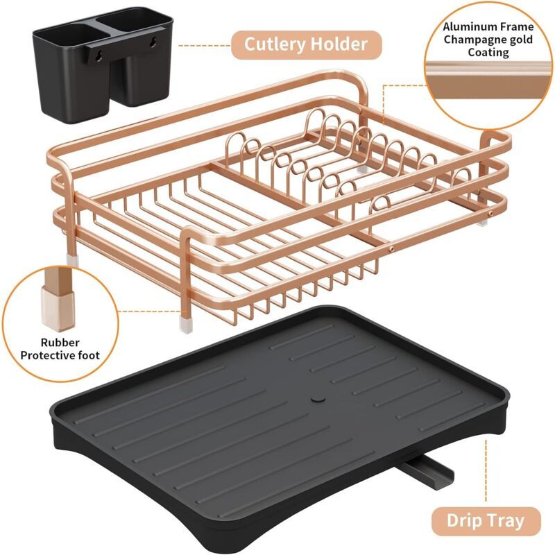 Aluminum Dish Drainer with Removable Tray Champagne Gold, 43 x 31.5 x 11 cm
