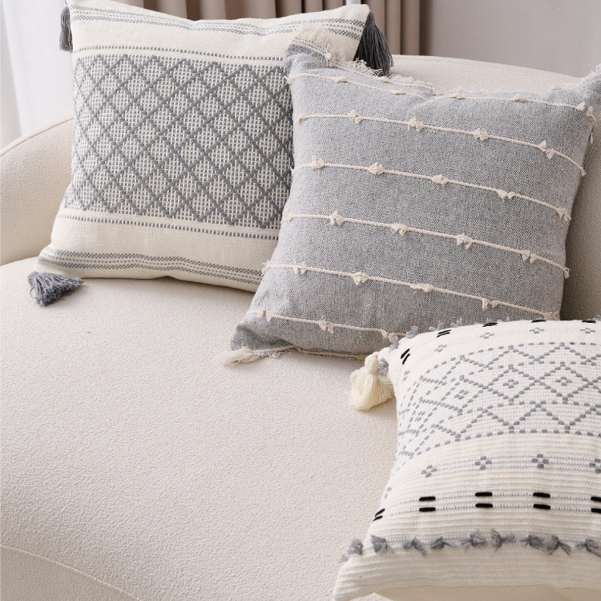 Walbest Boho Throw Pillow with Braided Rope Pattern And Tassels Soft Cotton Linen Textured Cushion for Sofa Bed Office 45x45cm B
