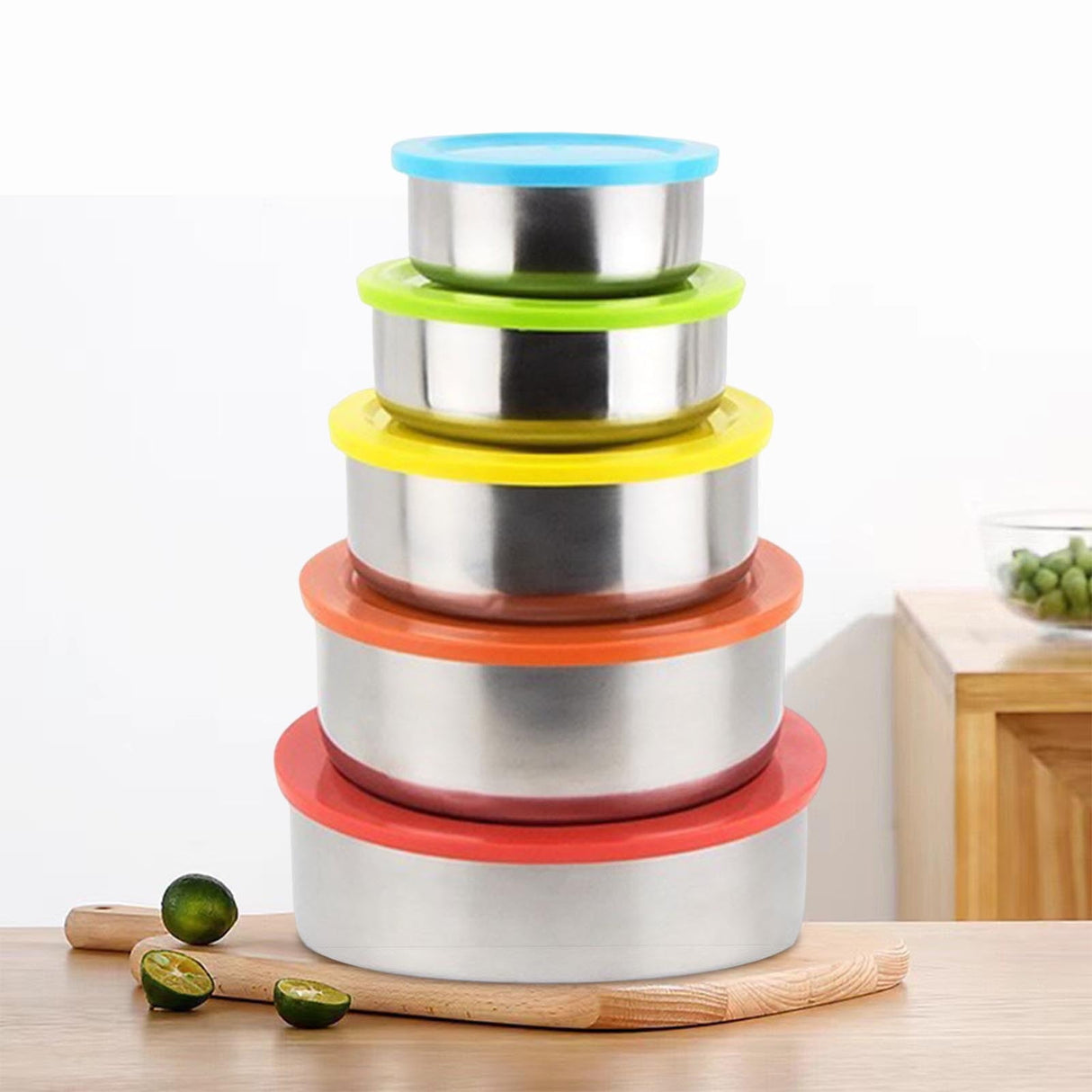 5PC Stainless Steel Food Containers with Silicone Lids,Kitchen Food Storage Containers,Nesting Lunch Box Set,for Meal Prep,Office,Travel,Microwave Safe,Rustproof Multicolor