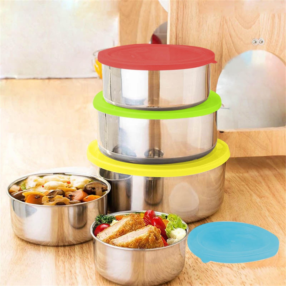 5PC Stainless Steel Food Containers with Silicone Lids,Kitchen Food Storage Containers,Nesting Lunch Box Set,for Meal Prep,Office,Travel,Microwave Safe,Rustproof Multicolor
