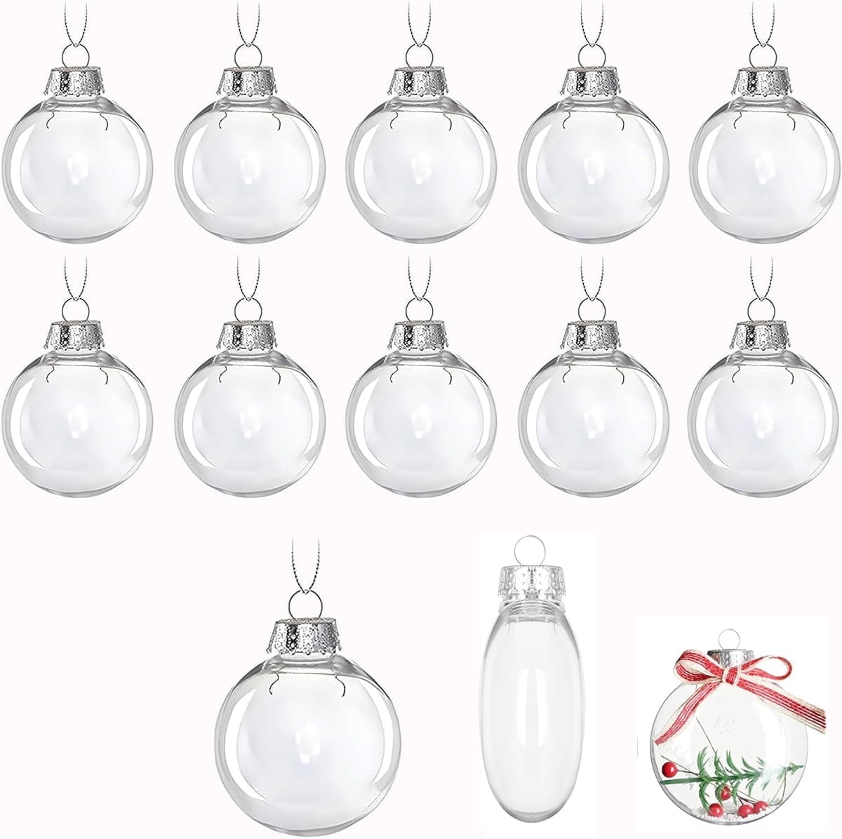 12 Pcs Flat Round Paintable Clear Christmas Bulbs 2.4" Plastic Flat Fillable Christmas Ornaments Balls for Customized Holiday Decor,Clear Plastic Ornaments Ball for Xmas DIY Fillable Ornament