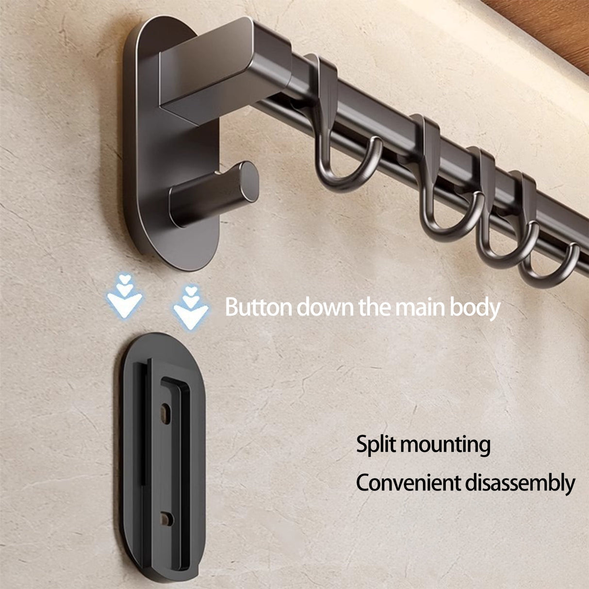 Kitchen Rail with Hooks, Pan and Pot Hangers for Kitchen Wall Mount, Kitchen Hook Rack, No Hole Hanging Rod Wall Mounted Storage Rack, Kitchen Utensil Rack with Removable S Hook, Aluminum Black