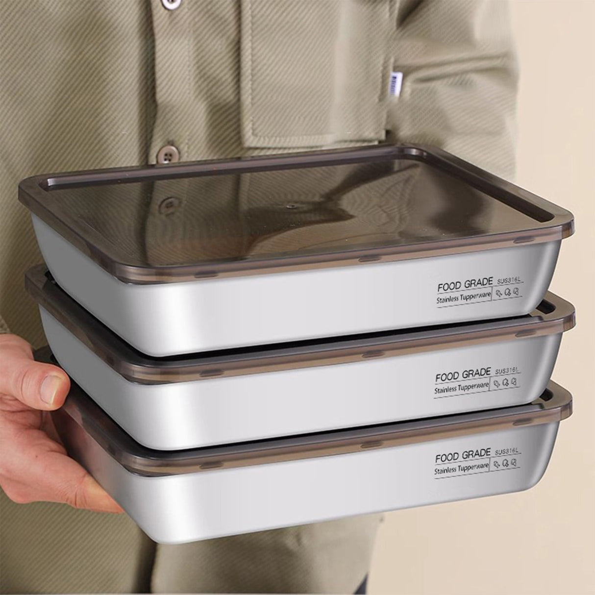 Large Stainless Steel Food Containers, Stainless Steel Dumpling Box, Rectangle Food Storage Box, Leak Proof Plastic Lid, Airtight Meat Storage Container, for Fridge, Kitchen, Dishwasher Safe Silver
