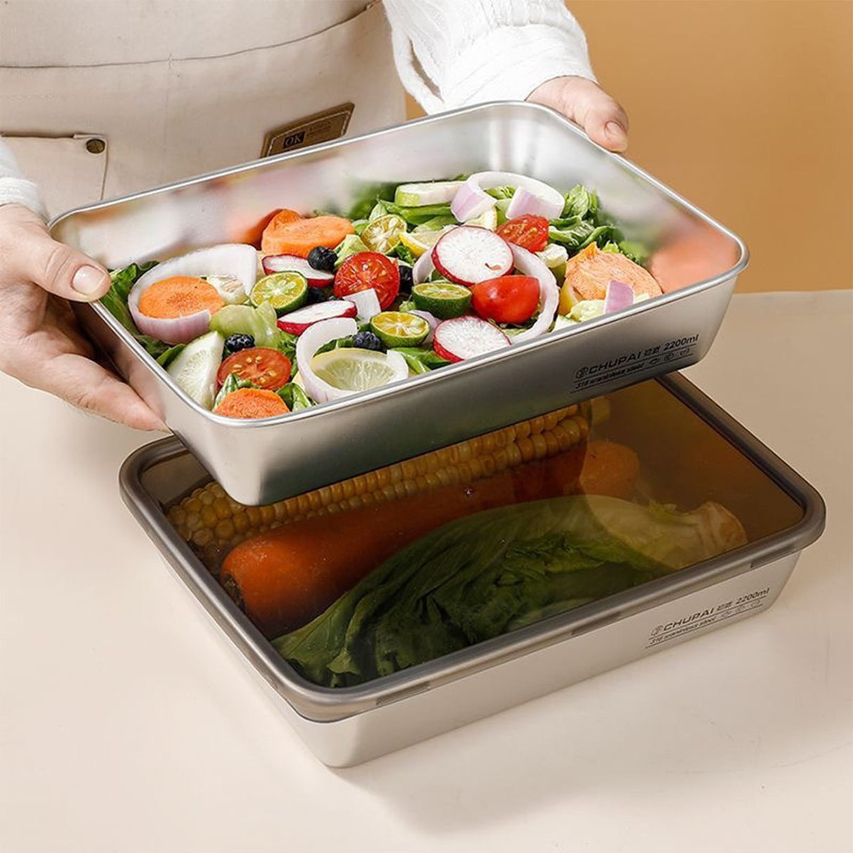 Large Stainless Steel Food Containers, Stainless Steel Dumpling Box, Rectangle Food Storage Box, Leak Proof Plastic Lid, Airtight Meat Storage Container, for Fridge, Kitchen, Dishwasher Safe Silver