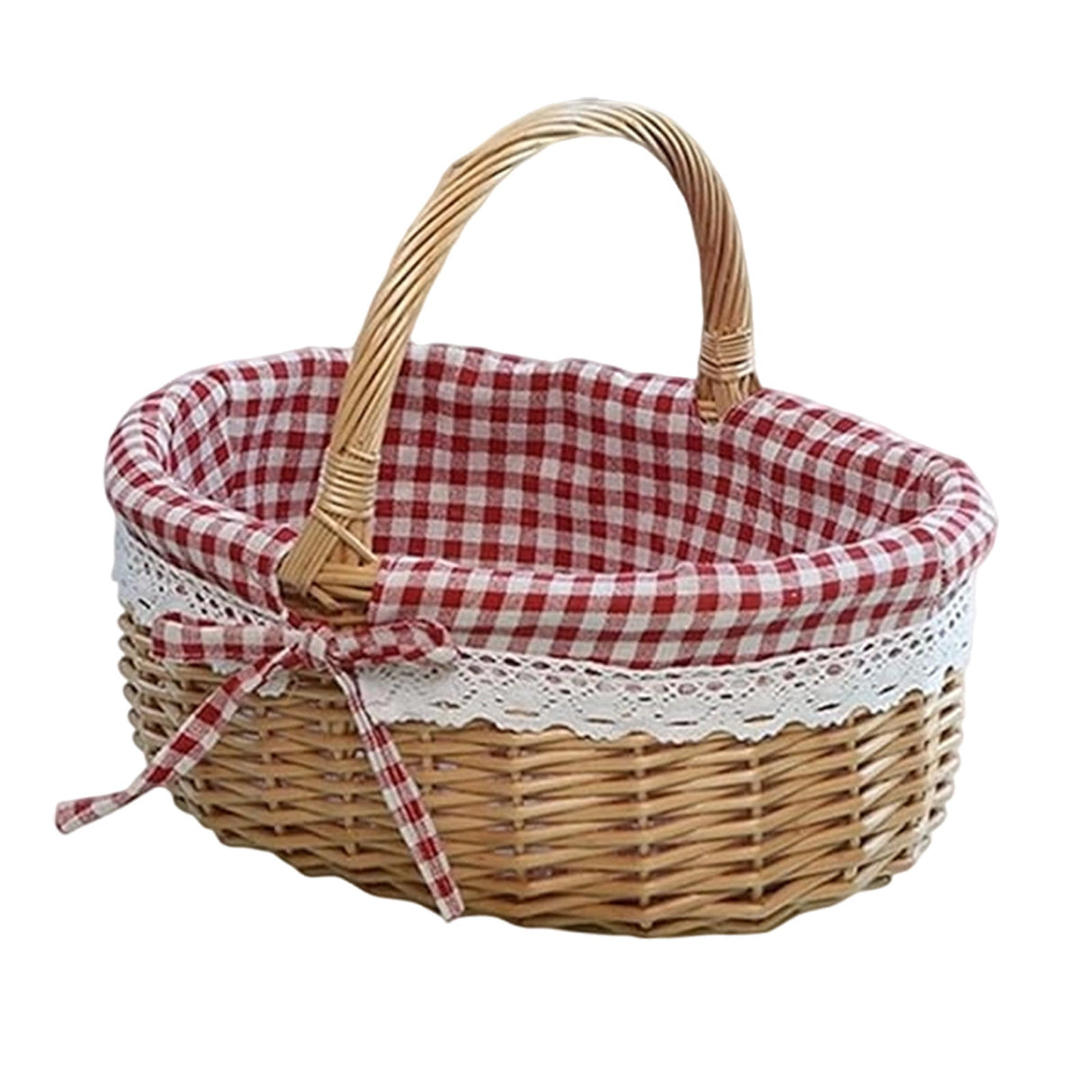 Wicker Picnic Basket with Handles and Linen Cloth Lining, Empty Baskets for Gifts, Woven Easter Basket, Willow Picnic Hamper Garden Harvest Basket, for Easter Egg Gathering, Candy, Toys Red