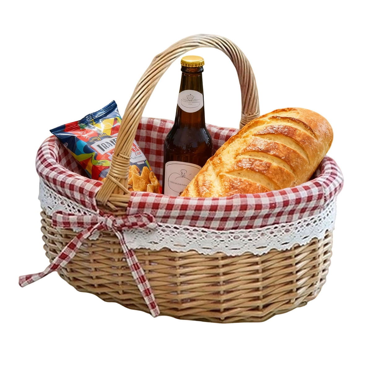 Wicker Picnic Basket with Handles and Linen Cloth Lining, Empty Baskets for Gifts, Woven Easter Basket, Willow Picnic Hamper Garden Harvest Basket, for Easter Egg Gathering, Candy, Toys Red