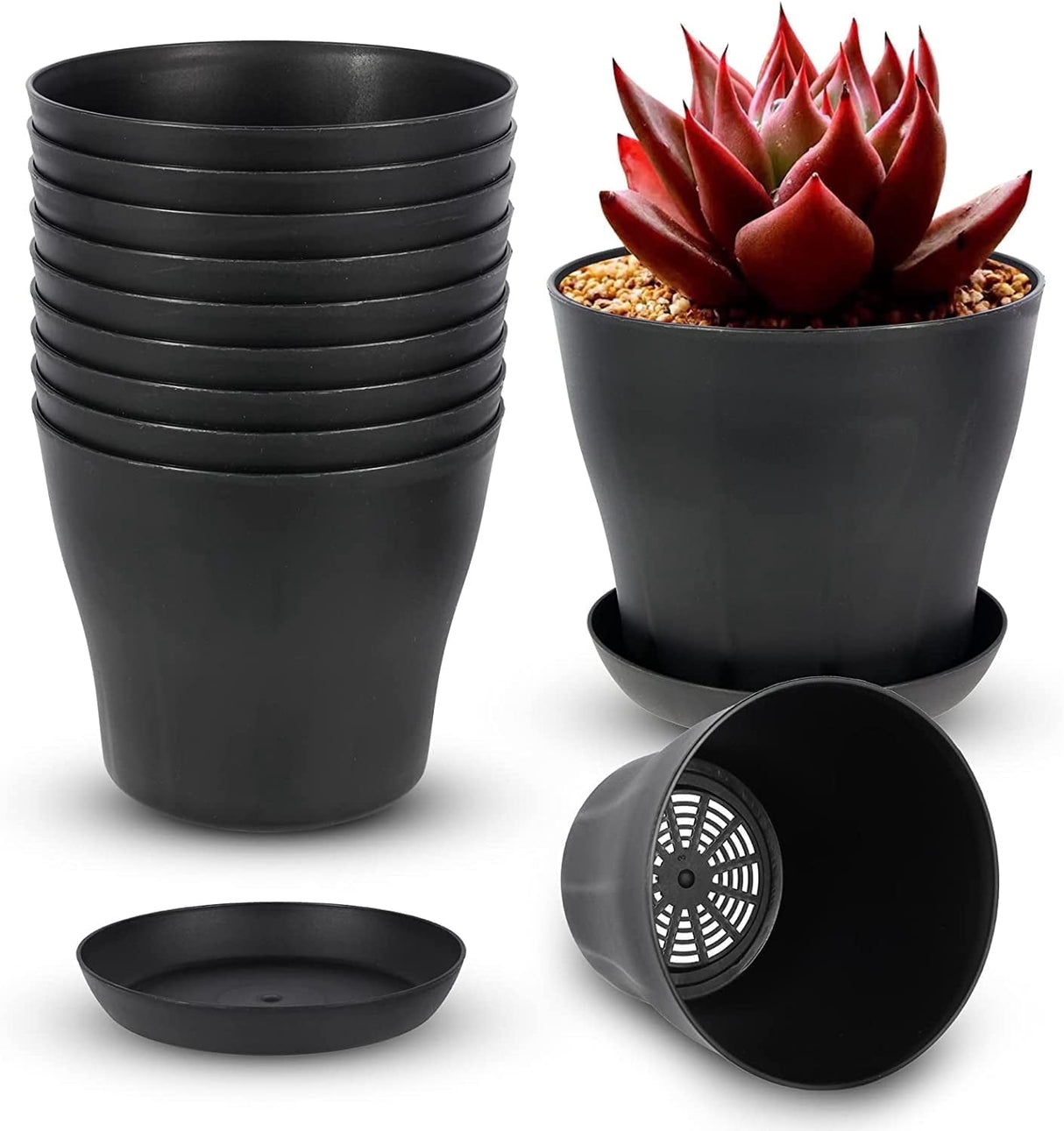 Tutuviw 4 inch Plant Pots,Plastic Planters with Drainage Holes and Saucers for Flowers Plants, Succulents,Seed Starting Pots, Black,8Pack 4inch-Black