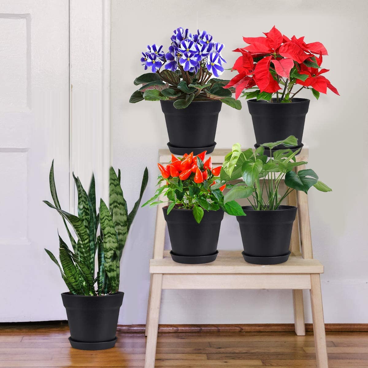 Tutuviw 4 inch Plant Pots,Plastic Planters with Drainage Holes and Saucers for Flowers Plants, Succulents,Seed Starting Pots, Black,8Pack 4inch-Black