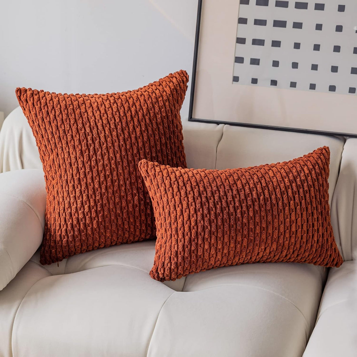 Holzlrgus Fall Set of 2 Striped Textured Velvet Corduroy Decorative Europe Sham Seasonal Autumn Throw Pillow Cushion Cover for Couch, (60x60 cm, 24inch) 22 x 22-Inch Burnt Brick