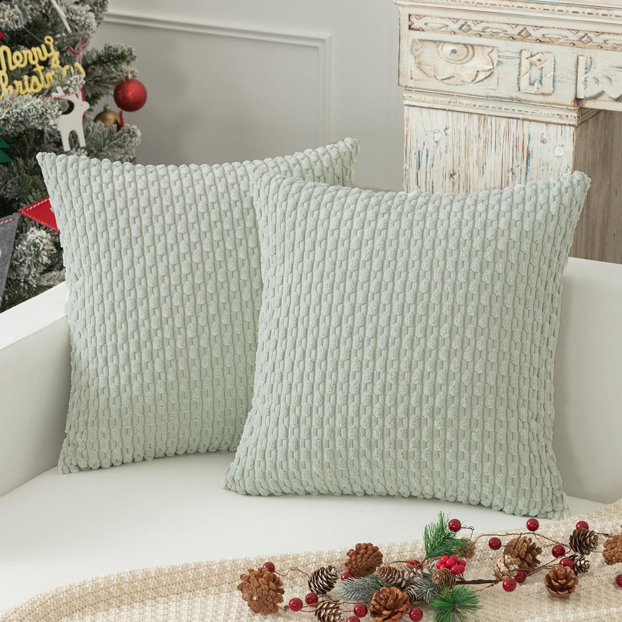 Holzlrgus Fall Set of 2 Striped Textured Velvet Corduroy Decorative Europe Sham Seasonal Autumn Throw Pillow Cushion Cover for Couch, (60x60 cm, 24inch), Burnt Brick 20 x 20-Inch Dark Green