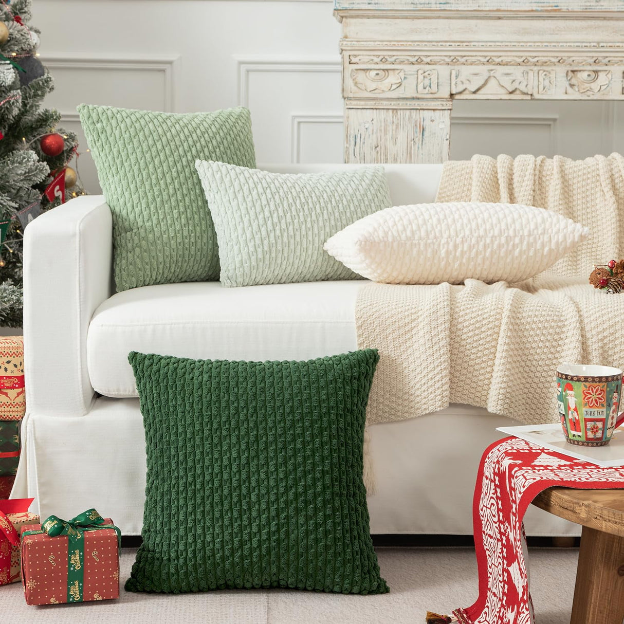 Holzlrgus Fall Set of 2 Striped Textured Velvet Corduroy Decorative Europe Sham Seasonal Autumn Throw Pillow Cushion Cover for Couch, (60x60 cm, 24inch), Burnt Brick 20 x 20-Inch Dark Green