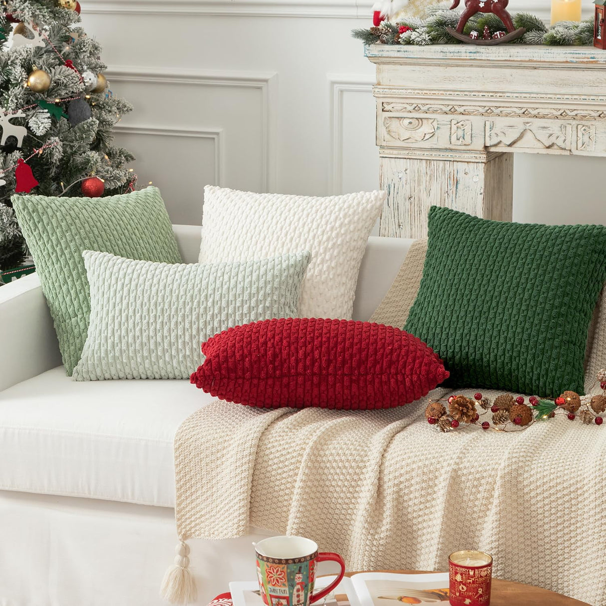 Holzlrgus Fall Set of 2 Striped Textured Velvet Corduroy Decorative Europe Sham Seasonal Autumn Throw Pillow Cushion Cover for Couch, (60x60 cm, 24inch), Burnt Brick 20 x 20-Inch Dark Green