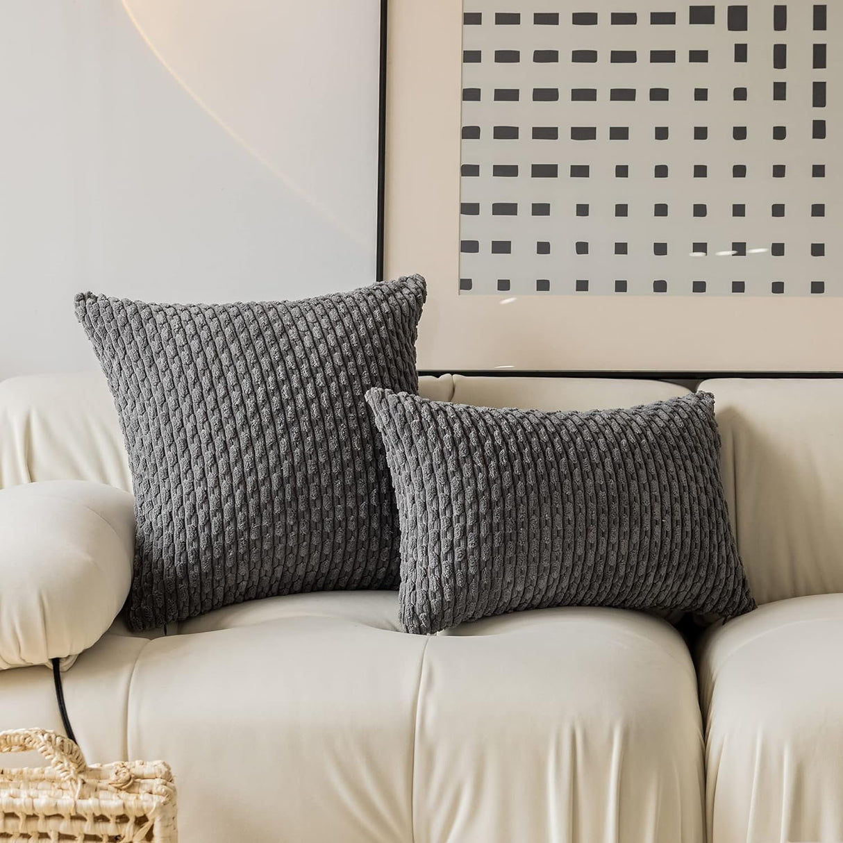 Holzlrgus Fall Set of 2 Striped Textured Velvet Corduroy Decorative Europe Sham Seasonal Autumn Throw Pillow Cushion Cover for Couch, (60x60 cm, 24inch), Burnt Brick 22 x 22-Inch Dark Grey