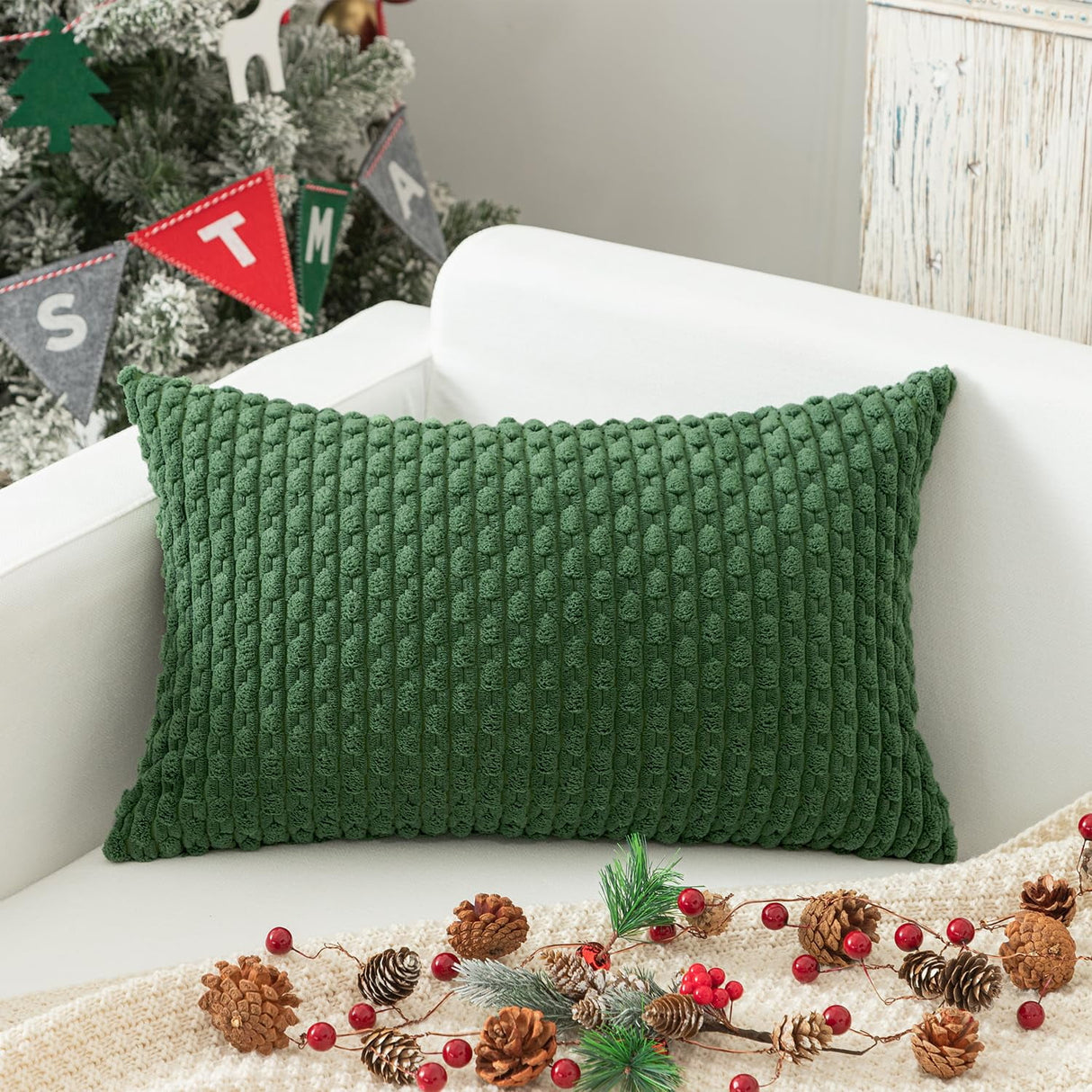 Holzlrgus Fall Set of 2 Striped Textured Velvet Corduroy Decorative Europe Sham Seasonal Autumn Throw Pillow Cushion Cover for Couch, (60x60 cm, 24inch), Burnt Brick 12 x 20-Inch Light Green